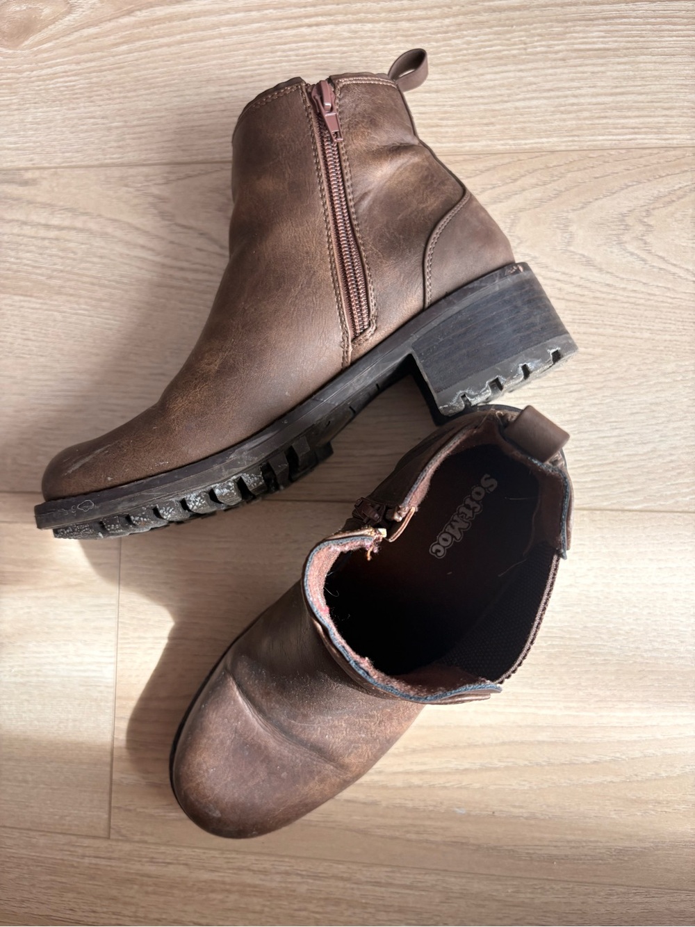 Brown Leather Side-Zip Heeled Ankle Boots